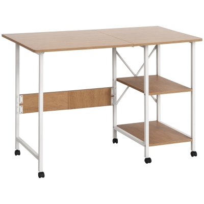 HOMCOM Folding Computer Desk with Storage Shelves, Study Writing Table Laptop Desk with 6 Wheels for Bedroom Home Office Workstation, Natural