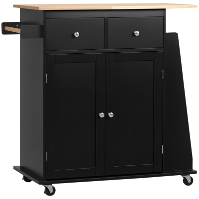HOMCOM Rolling Kitchen Island Trolley Storage Cart with Rubber Wood Top, 3-Tier Spice Rack, Towel Rack Home Kitchen Carts, Black