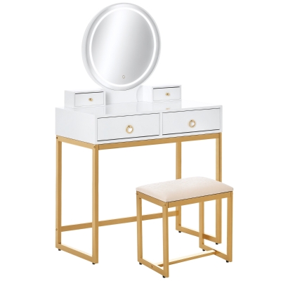 HOMCOM Makeup Vanity Table Set with 3-Color Touch Screen Dimmable Lighted Mirror, Dressing Desk with 4 Drawers and Cushioned Stool for Bedroom, White