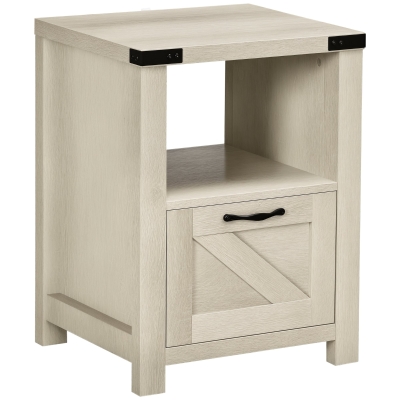 HOMCOM Side Table with Storage, Farmhouse End Table with Drawer, Open Shelf and Barn-style Panel, Nightstand for Living Room, Bedroom, Oak