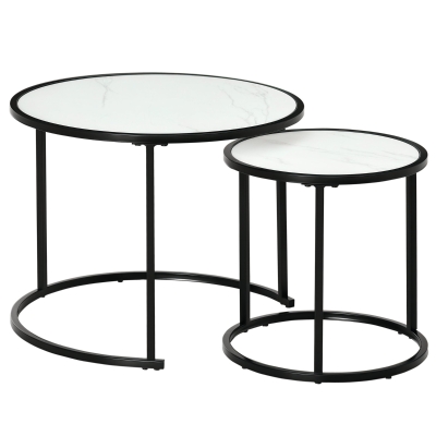 HOMCOM Round Nesting Coffee Table Set of 2, Stacking Modern Accent Tables with Faux Marble Tabletop and Metal Frame for Living Room, White