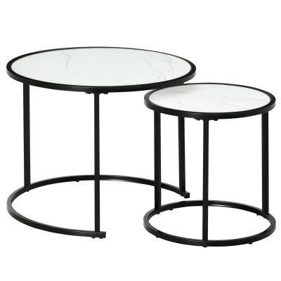HOMCOM Round Nesting Coffee Table Set of 2, Stacking Modern Accent Tables with Faux Marble Tabletop and Metal Frame for Living Room, White