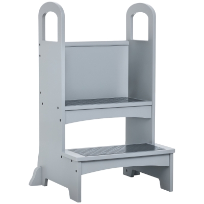 Qaba 2 Step Stool Kids Kitchen Helper with Support Handles and Non-Slip Pad for Kitchen, Living room and Bathroom, Grey