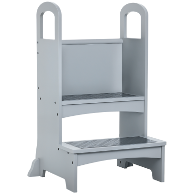 Qaba 2 Step Stool Kids Kitchen Helper with Support Handles and Non-Slip Pad for Kitchen, Living room and Bathroom, Grey