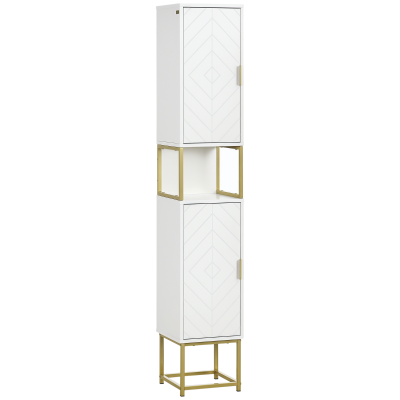 kleankin Tall Bathroom Storage Cabinet, Modern Narrow Bathroom Cabinet with Diamond Chevron Pattern and Adjustable Shelf, White