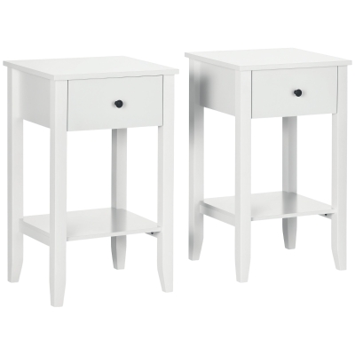 HOMCOM Side Table Set of 2, End Tables with Drawer and Bottom Shelf, 2-tier Nightstand for Bedroom, Living Room, White