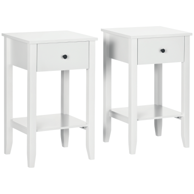 HOMCOM Side Table Set of 2, End Tables with Drawer and Bottom Shelf, 2-tier Nightstand for Bedroom, Living Room, White