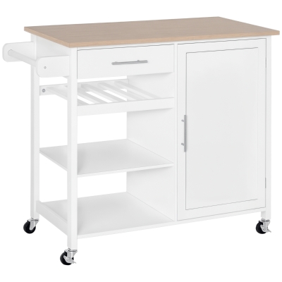 HOMCOM 4-Tier Rolling Kitchen Island Utility Trolley Serving Cart Kitchen Storage Cart w/ Towel Rack, Butcher Block Countertop, Cabinet, Drawer, Shelves, White
