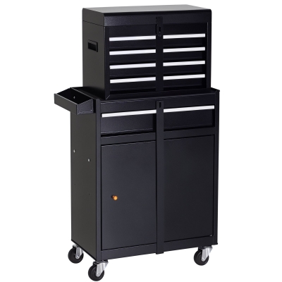 DURHAND Rolling Tool Cabinet 2 in 1 Top Chest Storage Box 5 Drawers with Pegboard and Adjustable Shelf, Black