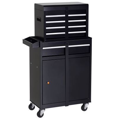DURHAND Rolling Tool Cabinet 2 in 1 Top Chest Storage Box 5 Drawers with Pegboard and Adjustable Shelf, Black