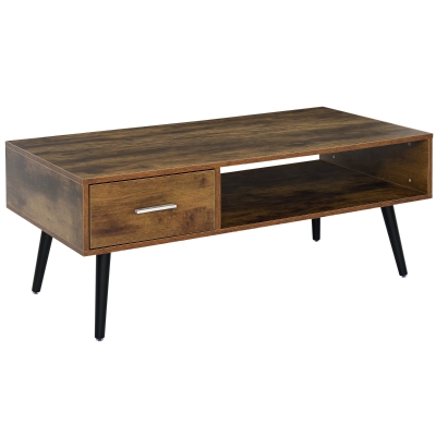 HOMCOM 43" Mid-Century Coffee Table with Drawer, Rustic Brown