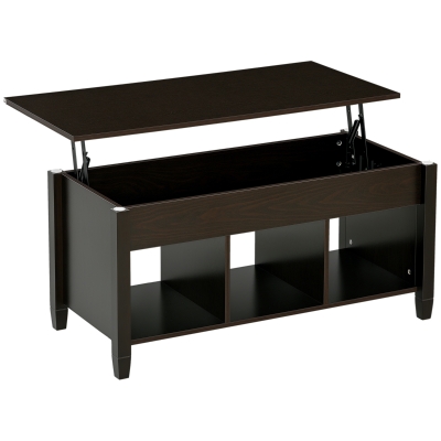 HOMCOM Lift Top Coffee Table with Hidden Storage Compartment and 3 Lower Shelves, Pop-Up Center Table for Living Room, Espresso