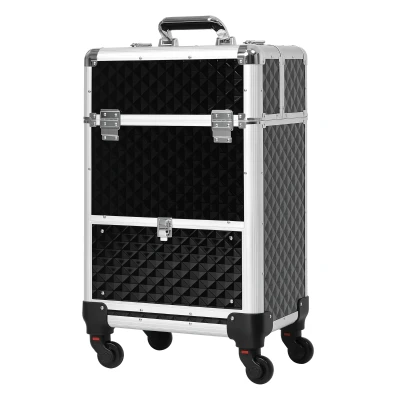 HOMCOM Portable Aluminum Makeup Train Cases, Rolling Makeup Case, Salon Beauty Cosmetic Jewelry Organizer Trolley with 4 Wheels, Black