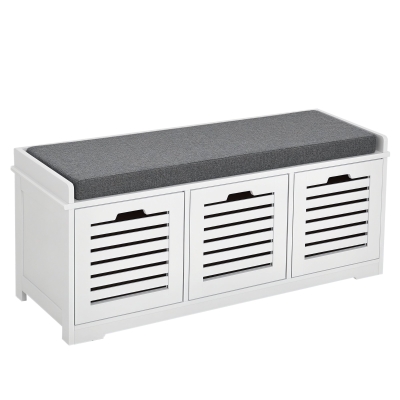 HOMCOM Upholstered Shoe Cabinet Storage Bench with Padded Cushion, with 3 drawer Enough Storage Space Bench Stool for Living Room Entryway Furniture, White