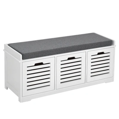 HOMCOM Upholstered Shoe Cabinet Storage Bench with Padded Cushion, with 3 drawer Enough Storage Space Bench Stool for Living Room Entryway Furniture, White