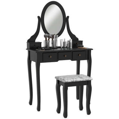 HOMCOM Wooden Vanity Table Set with 360° Rotating Oval Mirror, Makeup Dressing Table with 5 Drawers and Padded Stool for Bedroom, Black