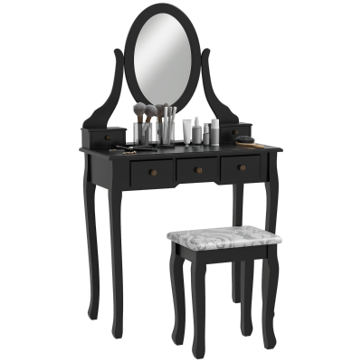 HOMCOM Vanity Desk with Stool, Makeup Vanity with 360° Rotating Oval Mirror, 5 Drawers and Padded Seat, Dressing Table for Bedroom, Black