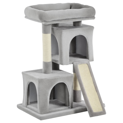 PawHut Plush Cat Tree Tower Activity Center with Sisal Scratching Post Scratching Board Perch Condo, Light Grey