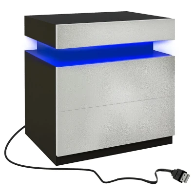 HOMCOM Nightstand, Bedside Table with LED Lights and 2 Drawers for Bedroom, Living Room, Cement Grey