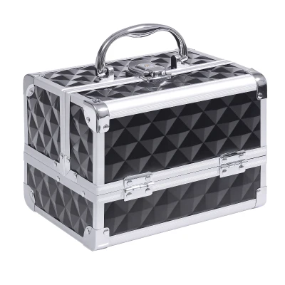 HOMCOM 3 Tier Diamond Texture Makeup Train Case Cosmetic Organizer with Mirror, Black