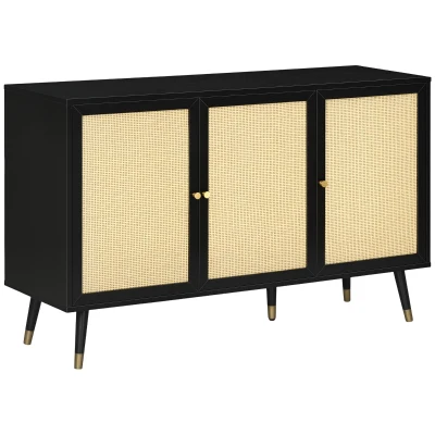 HOMCOM Kitchen Sideboard Cabinet, Boho Storage Cabinet with Shelves, Wood Legs, Decorative Rattan Doors, Black