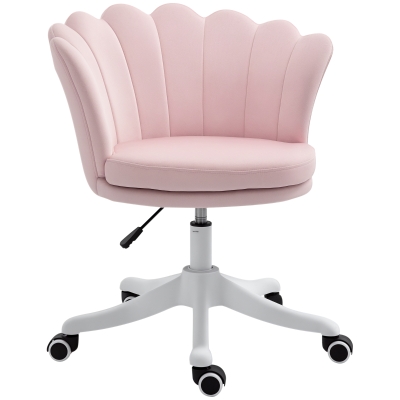 HOMCOM Adjustable Height Study Chair, Mid Back Velvet Office Chair with Swivel Wheels for Living Room, Study, Pink