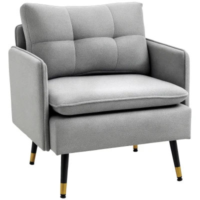 HOMCOM Modern Armchair, Upholstered Accent Chair with Tufted Back Cushion and Steel Legs for Living Room, Bedroom, Grey