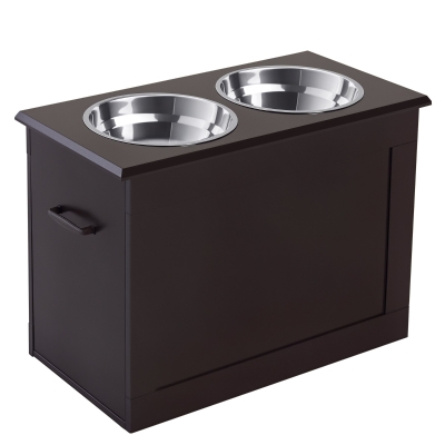 PawHut Elevated Dog Bowls for Large Dogs with Storage 2 Stainless Steel Dog Bowls， Elevated Base for Large Dogs, Coffee