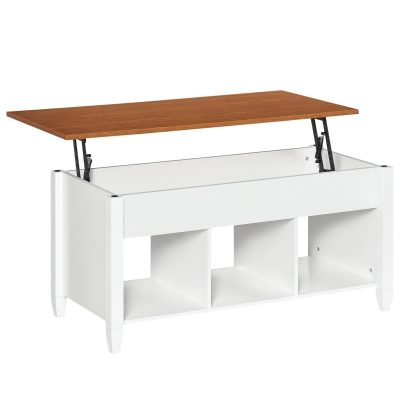 HOMCOM Lift Top Coffee Table with Hidden Storage Compartment and 3 Lower Shelves, Pop-Up Center Table for Living Room, White and Brown