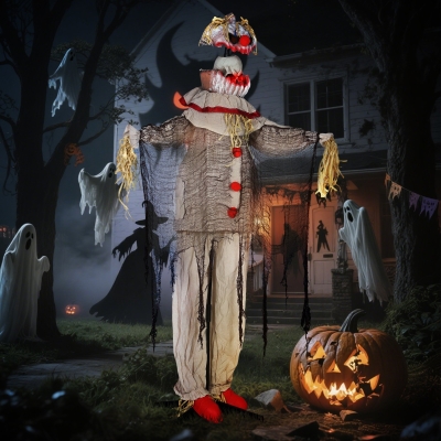 Outsunny 68" Life Size Halloween Animated Pumpkin Clown with Glowing LED Eyes, Battery Operated, Indoor Party Props