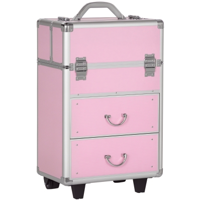 HOMCOM Rolling Makeup Train Case, Large Storage Cosmetic Trolley, Lockable Traveling Cart Trunk with Folding Trays, Swivel Wheels
