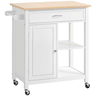 HOMCOM Rolling Kitchen Island Cart with Storage and Wood Top, White