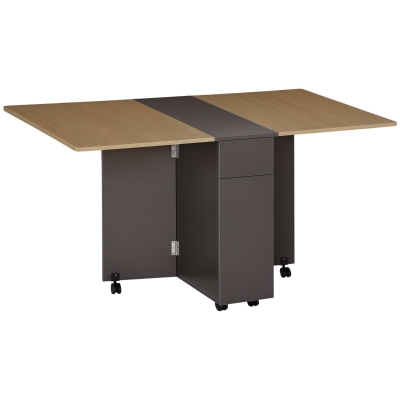 HOMCOM Extendable Dining Table, Drop Leaf Table with 2 Drawers and Storage Cabinet, Folding Dining Table with 6 Wheels