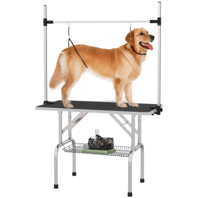 PawHut Adjustable Dog Grooming Table with 2 Safety Slings, Storage Basket, Black
