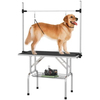 PawHut Adjustable Dog Grooming Table with 2 Safety Slings, Storage Basket, Black