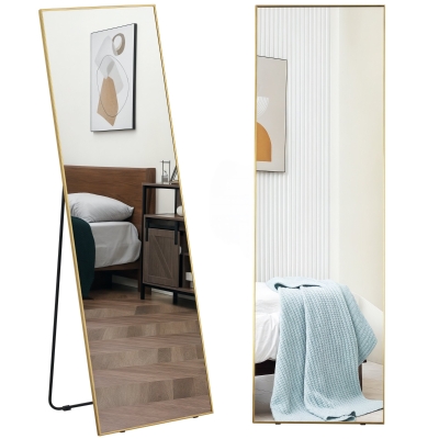 HOMCOM 63"x20" Full Length Mirror, Floor Standing, Wall-Mounted or Leaning Against Wall Tall Mirror with Support Frame, Rectangular Full Body Mirror for Bedroom, Living Room, Gold
