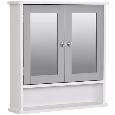 kleankin Medicine Cabinet, Wall-Mounted Bathroom Mirror Cabinet with Double Doors, Open Shelf, and Adjustable Shelf, Modern Bathroom Wall Cabinet, White and Grey