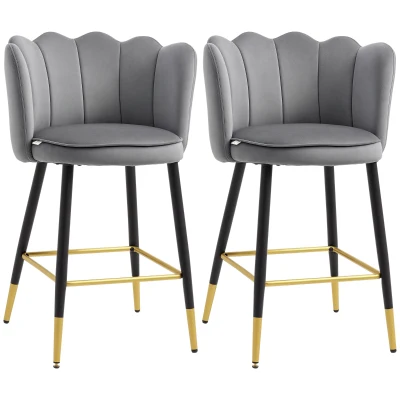 HOMCOM Bar Stools Set of 2 Modern Counter Height Bar Stools with Back, Footrest for Home Kitchen, 23.2"x20.5"x35.4", Grey