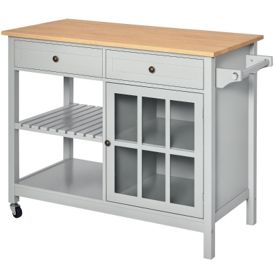 HOMCOM Kitchen Cart on Wheels, Utility Storage Island with Rubber Wood Top, Towel Rack, Cabinets, Drawers, Gray