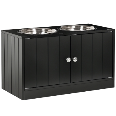 PawHut Elevated Dog Bowls for Large Dogs Pet Feeding Station with Stand, Storage, 2 Stainless Steel Food and Water Bowls, Black, 23.6" x 11.8" x 14"