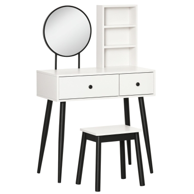 HOMCOM Vanity Set, Makeup Dressing Table Set with Stool, Wood Vanity Desk with Mirror, Storage Drawers and Shelf for Bedroom, White and Black
