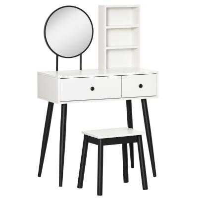 HOMCOM Vanity Desk with Stool, Makeup Vanity with Mirror, Wood Dressing Table with Storage Drawers and Shelf for Bedroom, White and Black