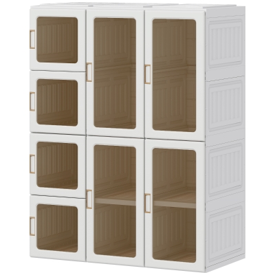 HOMCOM Portable Wardrobe, Foldable Plastic Closet with 8 Compartments, 2 Hanging Rods and Magnetic Clear Doors, Brown