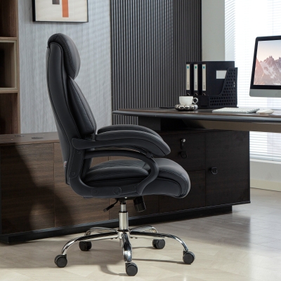 HOMCOM Office Chair with Spring Padding, PU Leather Computer Chair with Quiet Swivel Wheels, High Back, Black