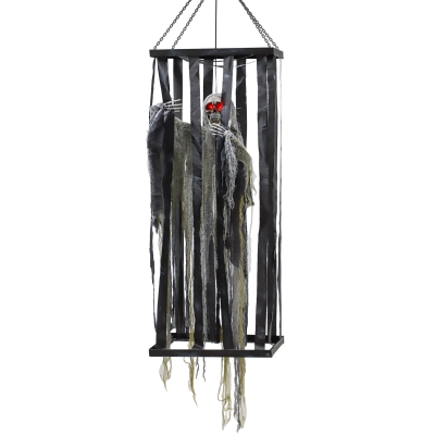 Outsunny Animatronics Hanging Skeleton Reaper in Cage, Voice-Activated Prop with Flashing Eyes, Easy Setup Indoor