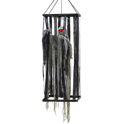 Outsunny Animatronics Hanging Skeleton Reaper in Cage, Voice-Activated Prop with Flashing Eyes, Easy Setup Indoor