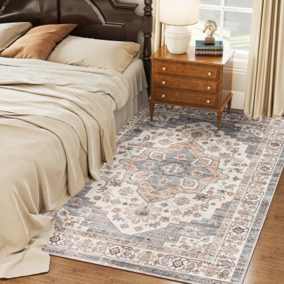 HOMCOM 5x7 Vintage Washable Non-Slip Rug, Brown & Blue