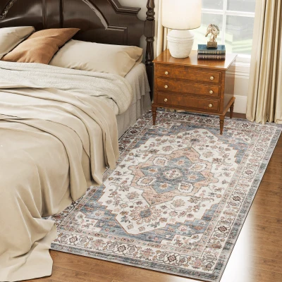HOMCOM 4x6 Vintage Washable Non-Slip Rug for Living Room, Brown & Blue