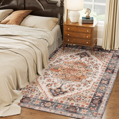 HOMCOM 5x7 Washable Boho Area Rug, Non-Slip Medallion, Tawny Brown