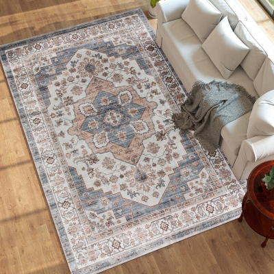 HOMCOM 8x10 Vintage Washable Non-Slip Rug, Brown & Blue